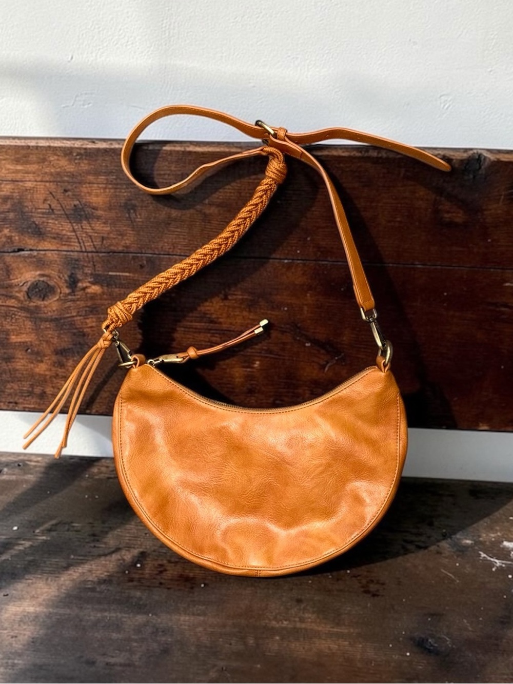 Anthropologie Urban Originals Tan Vegan Leather Crescent Crossbody Bag